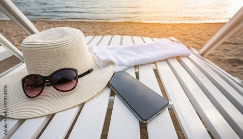 Concept for a beach vacation template background. Hat, smartphone, suntan lotion, sunglasses, towel lie on a wooden white chaise longue in the sun