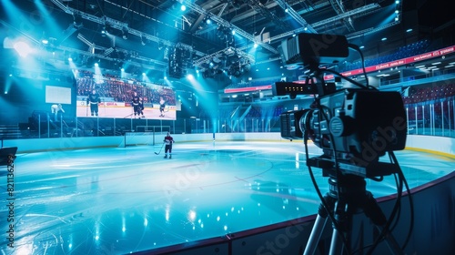 The Split Screen TV News Live Report: Anchor Talks. Reportage Montage: Professional Ice Hockey Game Championship Match, Goal Scoring, Celebrating. TV Channel Concept.
