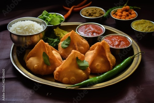 A plate is filled with delicious bengali food including dumplings, rice, and a variety of vegetables. Generative AI