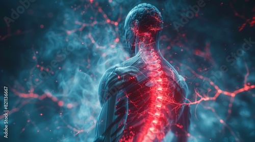 Digitally generated person suffering from back pain as a result of spinal or joint trauma. Schematic medical visualization.