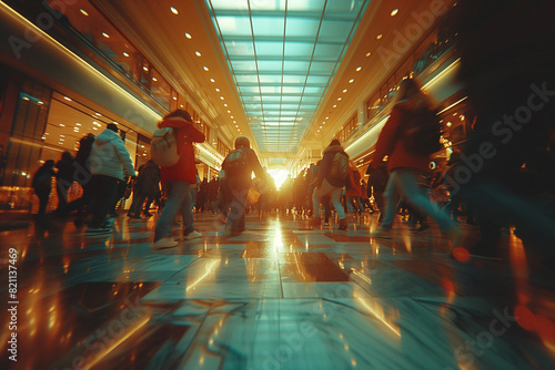 A group of people participating in a flash mob-style shopping spree, showcasing the frenzy of consumerist culture.Blurred image of people walking in a shopping center