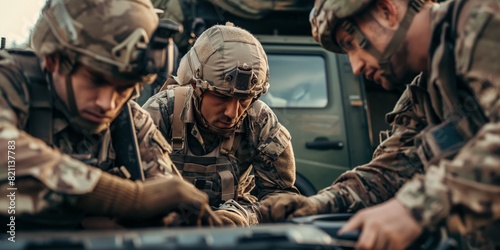 Three soldiers in camouflage gear are gathered around a vehicle, faces obscured, in a military setting