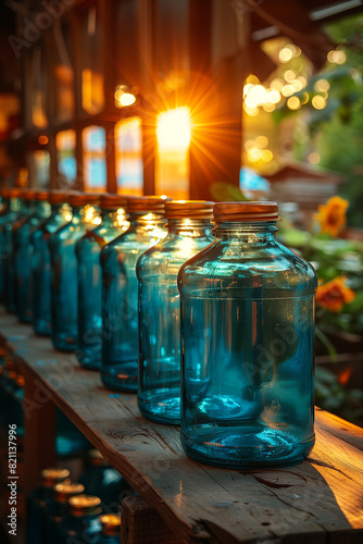 A viral social media challenge prompting participants to share creative ways they've repurposed or recycled old items.Blue jars on a wooden shelf holding different alcoholic drinks