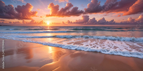 Closeup sea sand beach tropical seascape horizon. Dreamy sunset sky calm tranquil relax sunrise summer mood.