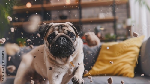Pug dog running away after destroying flower by overturning it and making a mess all over the house. Couple sitting on couch looking shocked and frustrated. Cute silly puppy.