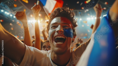 Caucasian man with a French flag painted on his face cheering for his team. Crowds of happy fans scream after a goal has been scored. Championship victory is celebrated.
