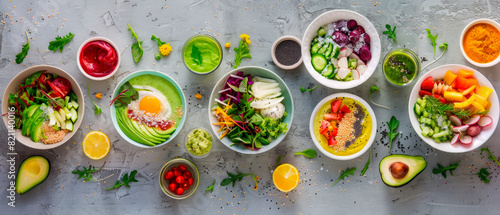 Top view variety of bowls of food, salads and vegetables, healthy food concept
