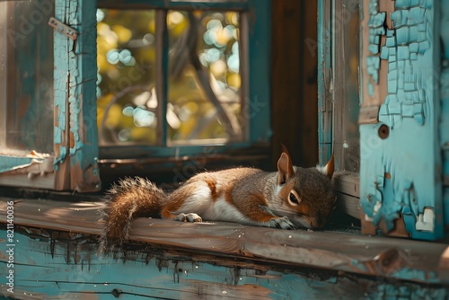 a squirrel sleeping on the terrace of the house