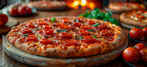 Close up pepperoni pizza with tomatoes and, wooden board, flavors and textures