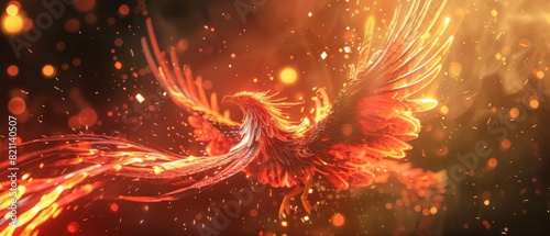Fire bird phoenix flies among sparks and flames.