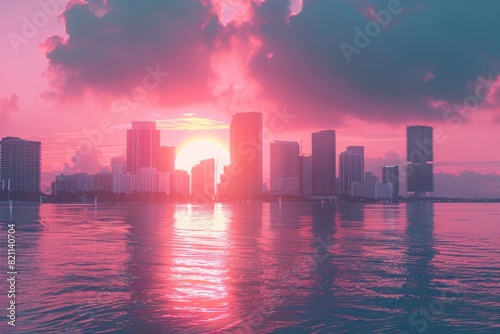Miami Skyline in Retrowave Pastel Colors Against Warm Sunset