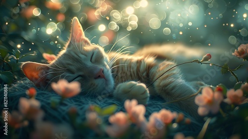 A tabby cat sleeps peacefully in a field of colorful flowers.
