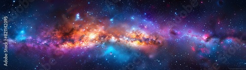 A vibrant, panoramic image of the galactic center of the Milky Way, showcasing a tapestry of cosmic colors and stellar beauty