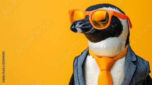 Penguin in a suit with orange sunglasses and tie, yellow background