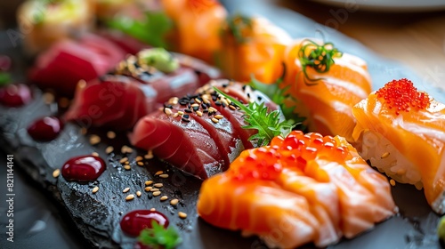 Platter of assorted sashimi on a black slate, closeup shot, bright and clean lighting