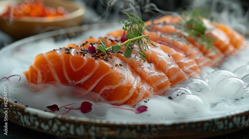 sashimi salmon sitting on a plate filled with smoke