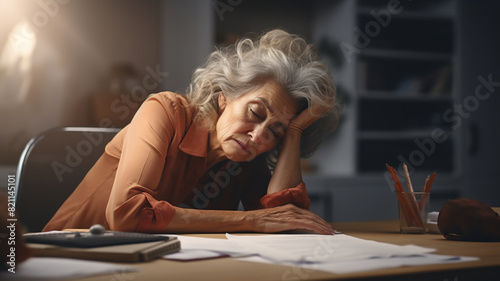 A tired and frustrated elderly and Mongolian business woman is sitting at her modern office desk with her hands in her hair with backlighting