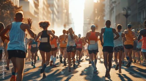 In the background are a diverse group of Marathon Joggers competing for first place, while an audience cheers on those taking part in the race.