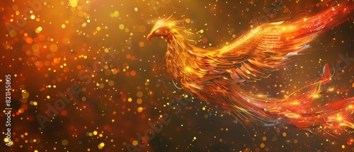 The mythical firebird soars through the starry sky.