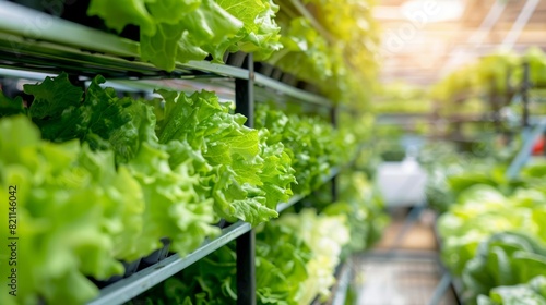Racks of vertically stacked green crops grown in a hydroponics system. Modern agriculture technology operated by an expert team of horticulturists