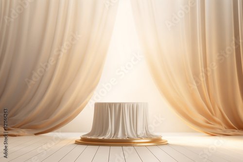 An empty round wooden podium set amidst a soft white blowing drapery curtain drapes and modern background a product display background or wallpaper concept with front-lighting