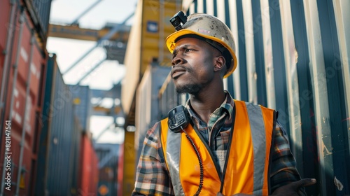 Delivery, logistics, and management discussing industrial distribution stock safety inspection by walkie talkie. African freight warehouse supply chain worker talks to black man.