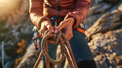 In rock climbing, fitness ladies and safety endeavor to secure harness rope on mountain cliff for outdoor workout, vacation, and adventure. Challenge, mountaineering gear, and carabiners