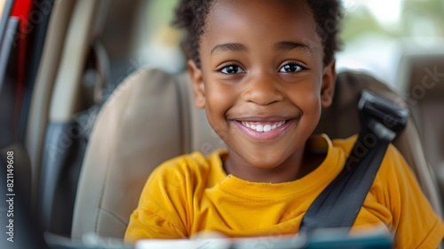  happy african american kid wearing yellow t-shirt holding clipboard, kid is sitting on back seat of car wearing seatbelt. 