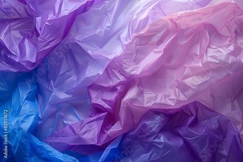 Purple and blue plastic bags piled on table
