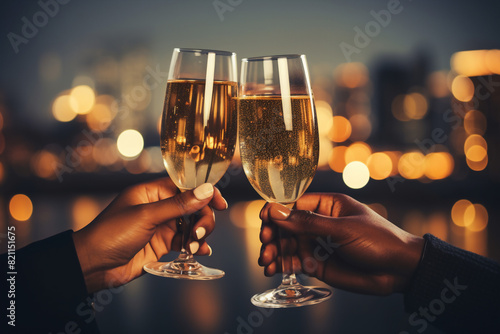 two people caucasian an African American hands toasting champagne glasses for new years eve with a city background, a celebration or engagement concept
