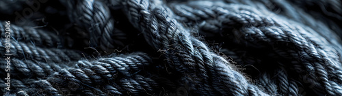 Detailed closeup shot, the rough texture and complex structure of dark blue rope are highlighted, showcasing the intricate weaves and subtle variations that define its sturdy and resilient character