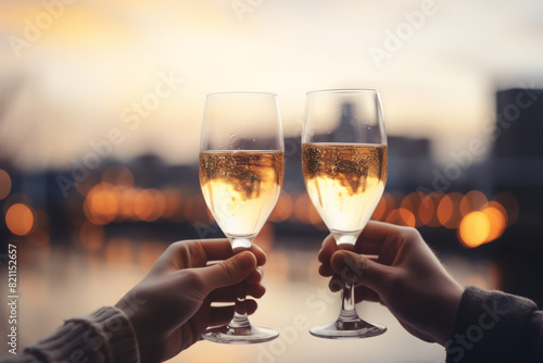 two people caucasian hands toasting champagne glasses for valentine with a city background, a celebration or engagement concept