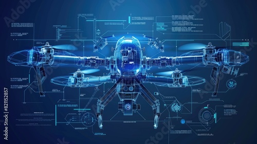 Futuristic drone blueprint illustration showcasing detailed engineering design and technology components, perfect for tech enthusiasts and professionals.