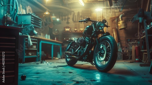 Standing in a garage under warm lamplight is a custom Bobber Motorbike in an authentic creative workshop.