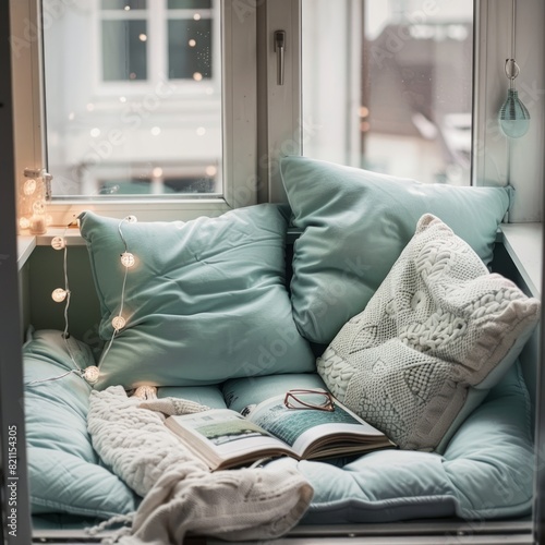 A cozy reading nook with a blue bedspread and pillows, a book