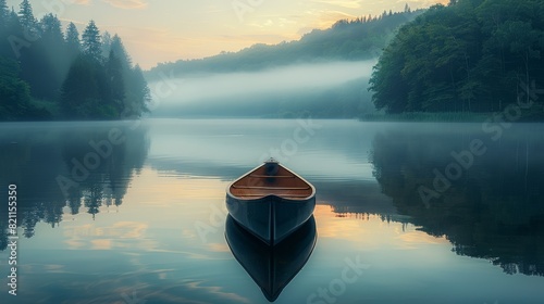  A serene lake surrounded by lush forests reflecting the sky, a canoe floating gently in the middle
