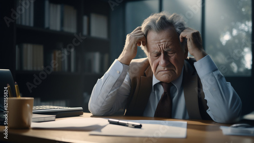 A tired and frustrated elderly and Caucasian business man is sitting at his modern office desk with his hands in her hair with side-lighting