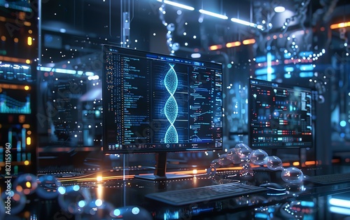 Produce a detailed image of a cuttingedge bioinformatics lab with computers analyzing DNA sequences and 3D genome models