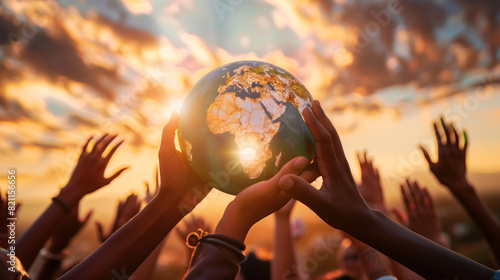 A group of diverse hands holding up a globe against a dramatic sunset sky, symbolizing global unity and hope