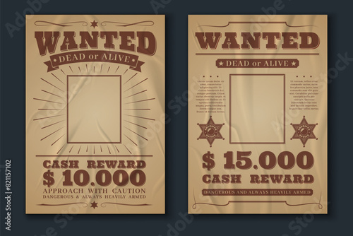 Crumpled wanted posters. Wild west vintage banner, empty space for photo, western style, Texas robber hunt retro message criminal flyer, dead or alive. Background paper texture. Vector set