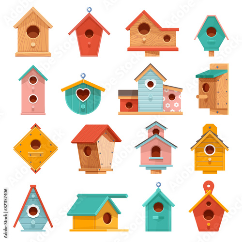 Colorful wooden bird houses. Cute little homes for sparrows, starlings, tits and swallows, different designs feeders for chicks, handmade craft cartoon flat style isolated vector set