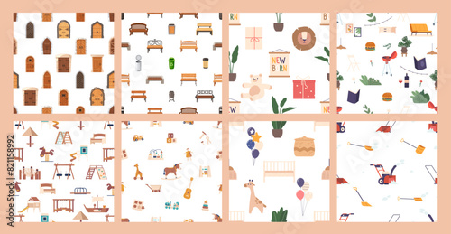 Set Of Seamless Patterns With Household Items From Doors And Windows To Gardening Tools, Baby Room, Kitchen Essentials