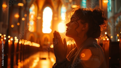 A young Christian woman prays in the blessed light of a church, turning to Christ, the Bible, and its teachings for strength.