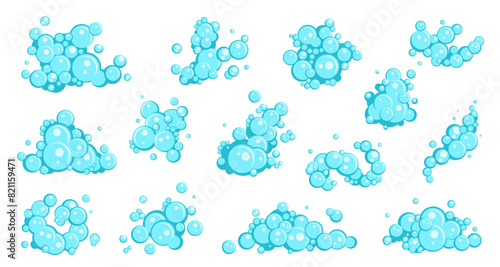 Blue soap bubbles. Cartoon flat bath foam, detergents with water effect, mini compositions, shampoo or shower gel, shaving mousse, antibacterial hygiene product isolated nowaday vector set