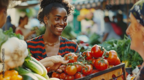 A young beautiful customer buys bio tomatoes and organic local garlic from a happy senior street vendor for a Mediterranean meal.