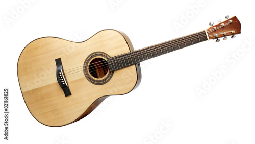 A brown wooden acoustic guitar rests alone on a white background