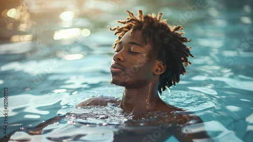 Man with dreadlocks is swimming in a pool
