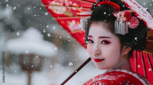 Close-up geisha wearing a red kimono and holding a red umbrella