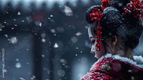 Close-up geisha wearing a red kimono and standing in the snow