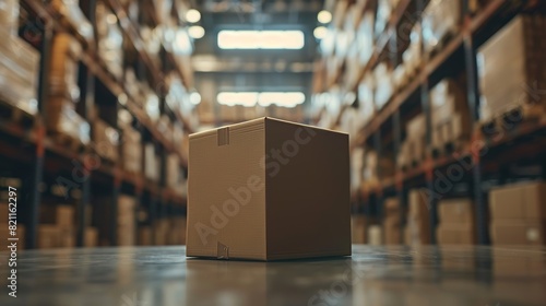 An empty cardboard box package stands on a warehouse table next to rows of shelves with parcels waiting to be shipped out.